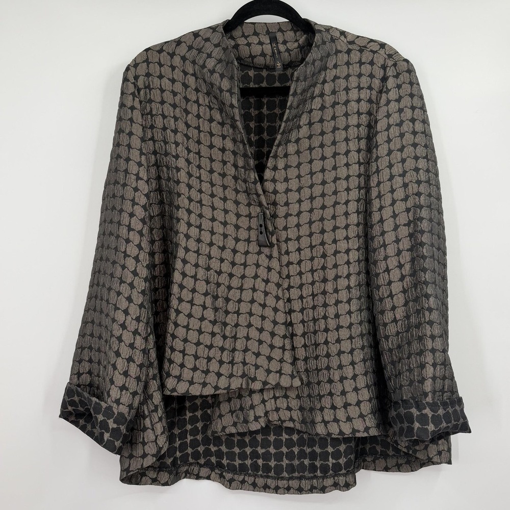 IC By Bonnie K Jacket Womens Large Black Brown Polka Dot Collarless Mid-Length